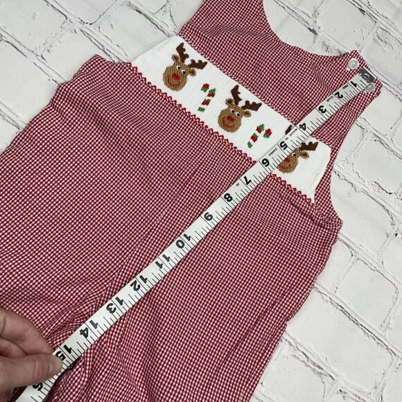 Anavini Smocked Reindeer Faces Shortall 3 mos Red Gingham Plaid - Picture 6 of 8